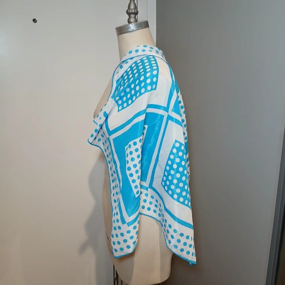 Vintage Nashar Freres LTD Baby Blue & White Polka Dot and Square Scarf Kercheif